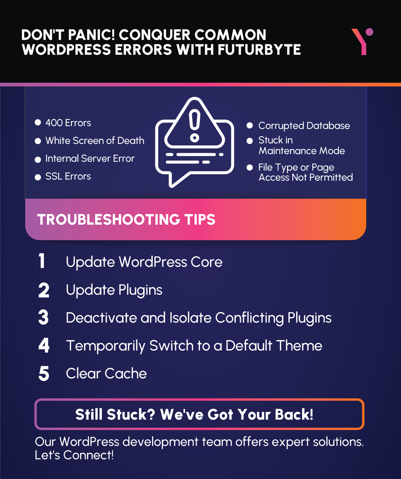 Error and troubleshooting of WordPress errors by FuturByte developers in pictorial form.